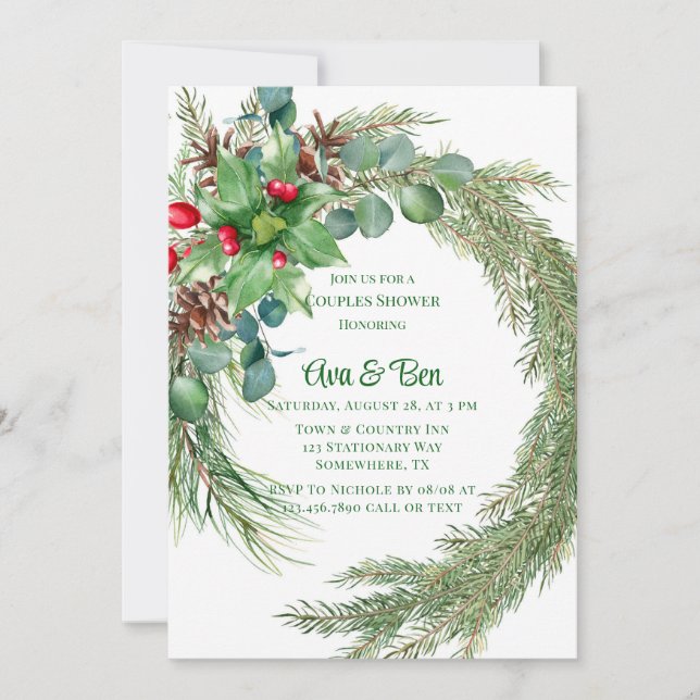 Pine Needles Red Berry Christmas Couples Shower Invitation (Front)