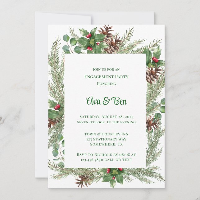 Pine Needles Red Berry Christmas Engagement Party Invitation (Front)