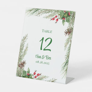 Pine needles red berry wreath table numbers pedestal sign