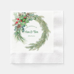 Pine needles red berry wreath wedding napkin