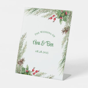 Pine needles red berry wreath wedding pedestal sign