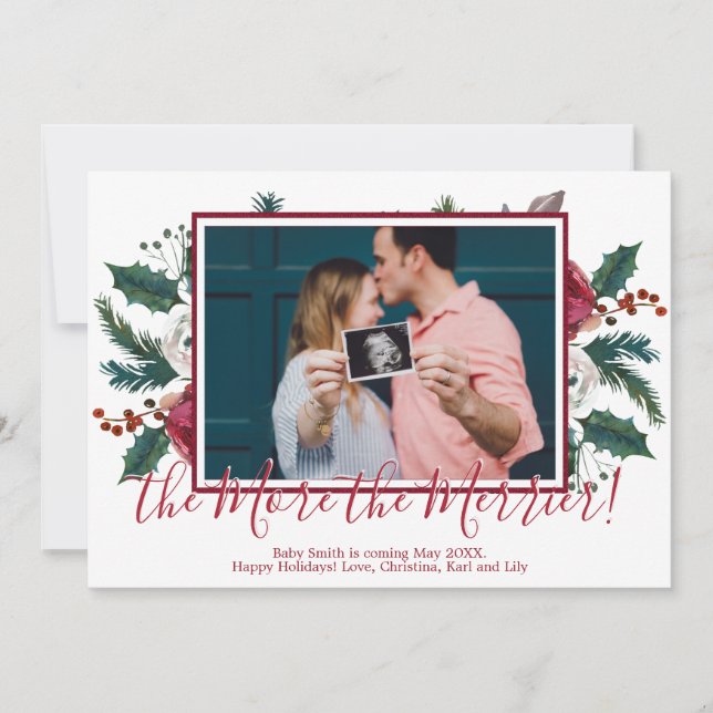 Pine Photo Christmas Pregnancy Announcement Cards (Front)