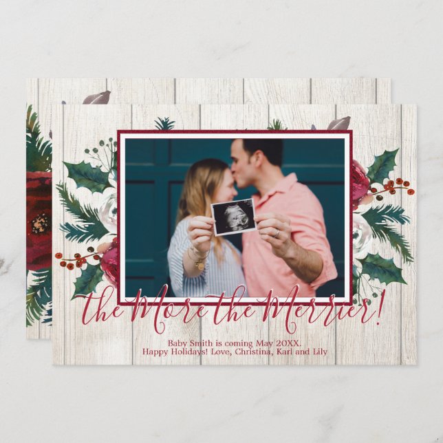 Pine Photo Christmas Pregnancy Announcement Cards (Front/Back)