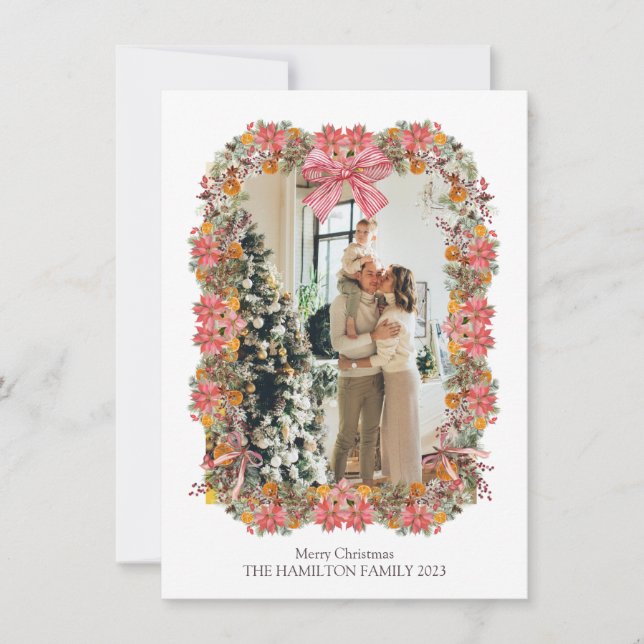 Pine Poinsettia Orange Holiday Garland Photo Card (Front)