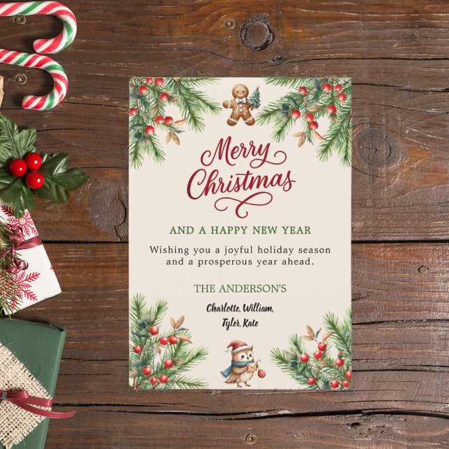 Pine red berries beige cute owl script Christmas Holiday Card (Creator Uploaded)
