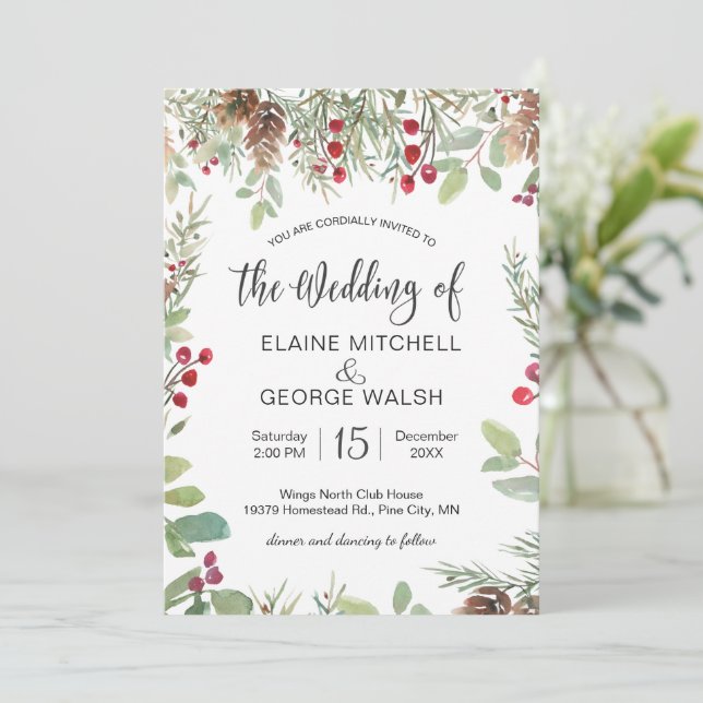 Pine Red Berry Winter Greenery Wedding Invitation (Standing Front)