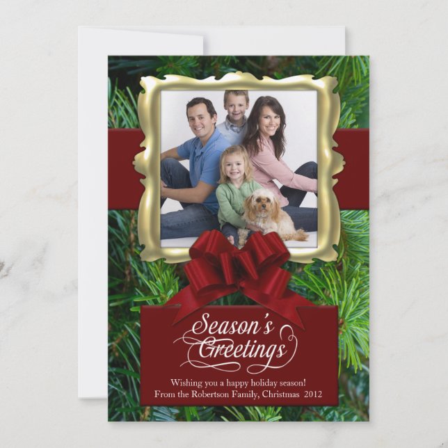Pine/Red/Gold Frame Photo Holiday Card (Front)