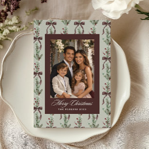 Pine Sprig Bow Pattern Family Photo Holiday Card