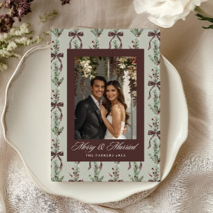 Pine Sprig Bow Pattern Newlyweds Photo Holiday Card