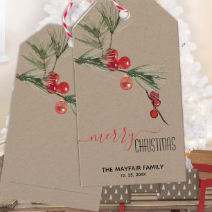 Pine Sprig Red Berries Merry Christmas Editable Gift Tags