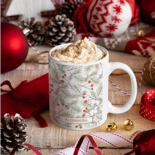 Pine Sprigs and Berries Custom Name Christmas Coffee Mug