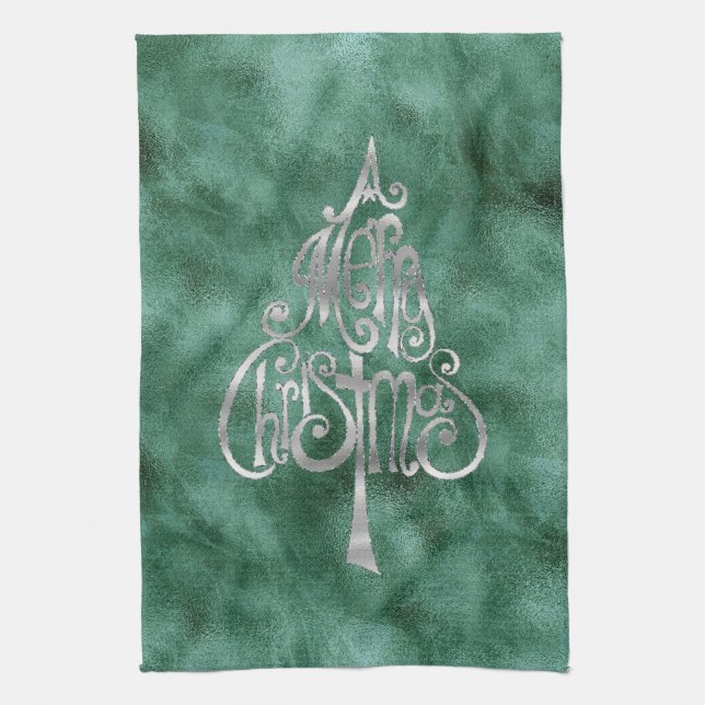 Pine Teal Green Silver Christmas Tree Tea Towel (Vertical)