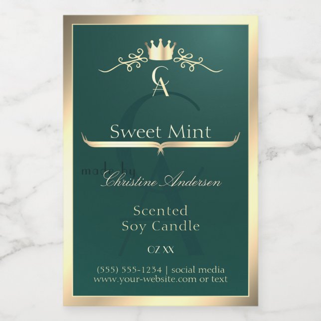 Pine Teal Product Label with Gold Frame Monogram (Single Label)