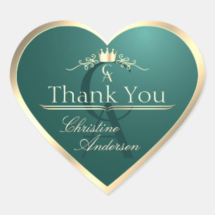 Pine Teal with Gold Frame and Monogram Thank You Heart Sticker