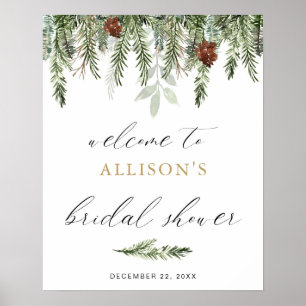 Pine tree acorns winter bridal shower welcome sign