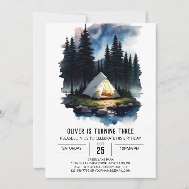 Pine Tree Adventure Awaits Birthday Invitation (Front)