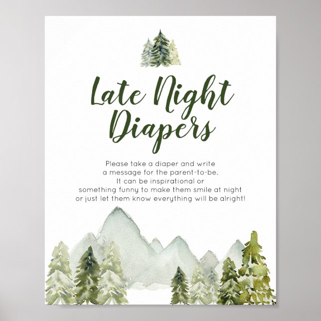 Pine Tree Adventure Baby Shower Late Night Diapers Poster (Front)