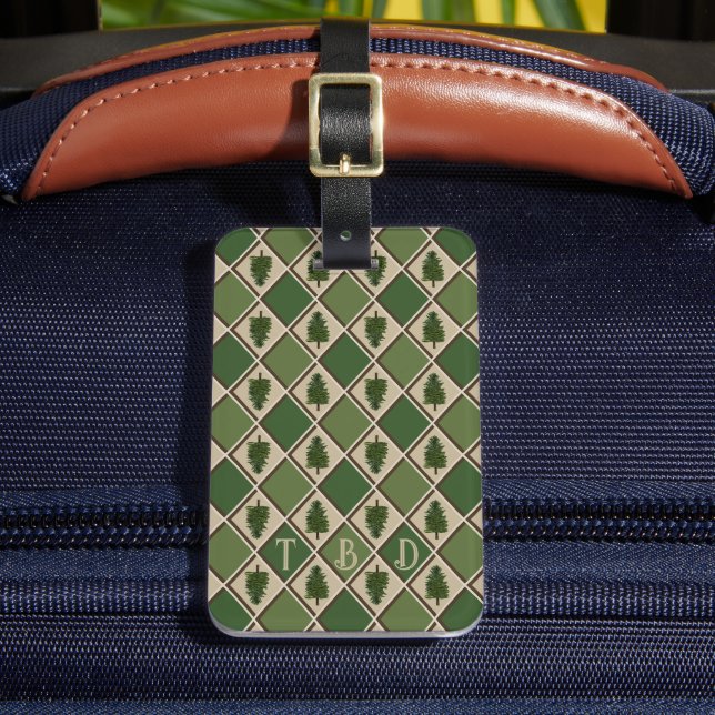 Pine Tree and Harlequin Luggage Tag (Front Insitu 2)
