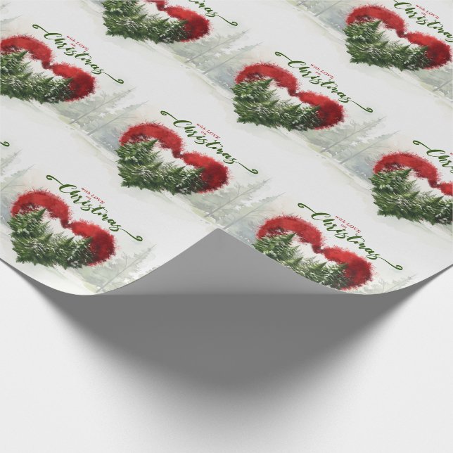 Pine Tree and Red Heart With Love on Christmas Wrapping Paper (Corner)
