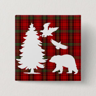 Pine tree Bear Eagle on Red Black Tartan 15 Cm Square Badge