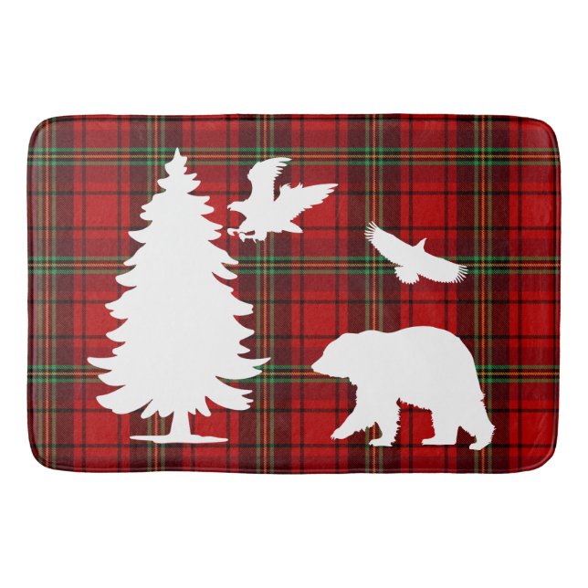 Pine tree Bear Eagle on Red Black Tartan Bath Mat (Front)