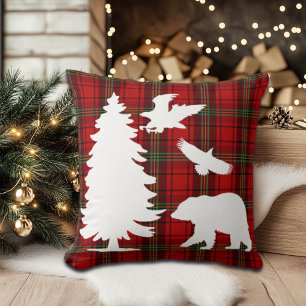 Pine tree Bear Eagle on Red Black Tartan Cushion