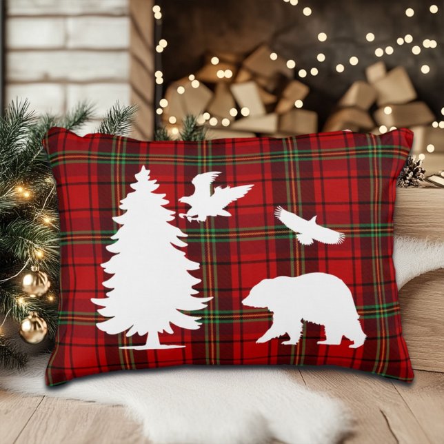 Pine tree Bear Eagle on Red Black Tartan Decorative Cushion (Creator Uploaded)