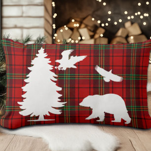 Pine tree Bear Eagle on Red Black Tartan Lumbar Cushion