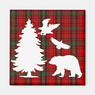 Pine tree Bear Eagle on Red Black Tartan Magnet