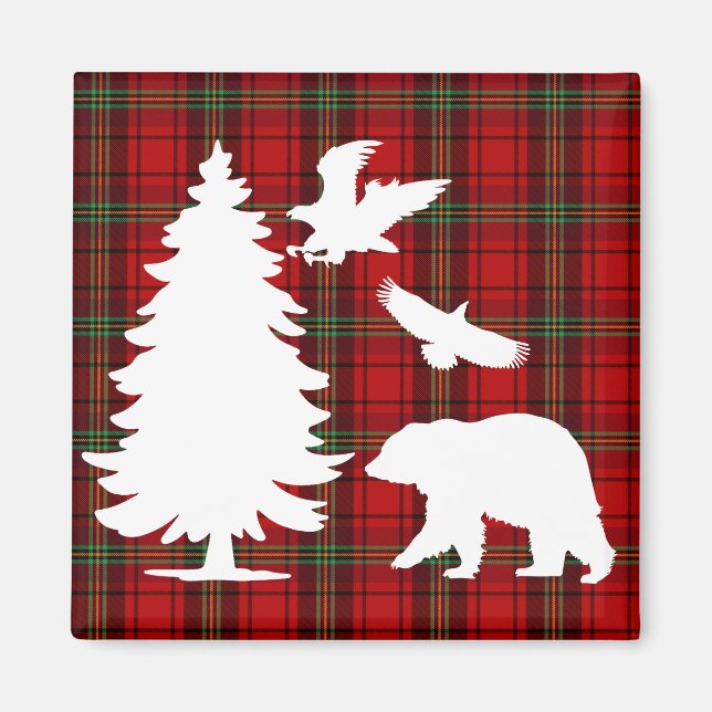 Pine tree Bear Eagle on Red Black Tartan Magnet (Front)