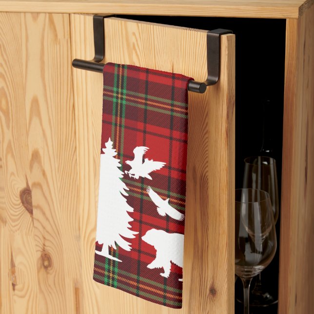 Pine tree Bear Eagle on Red Black Tartan  Tea Towel (Thirds Fold)