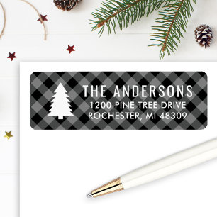 Pine Tree Black Grey Buffalo Plaid Holiday Address