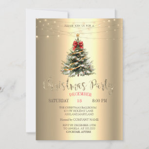 Pine Tree,Bow,String Lights Gold Christmas  Invitation