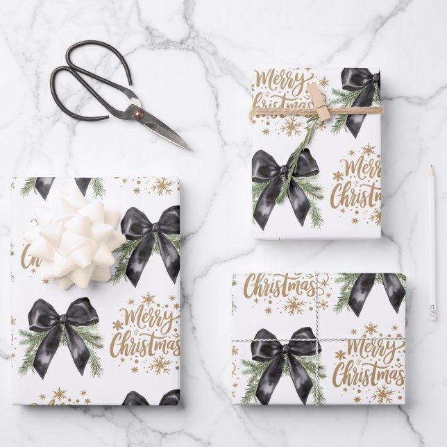 Pine Tree Branch Black Bow Gold Merry Christmas Wrapping Paper Sheet (Front)