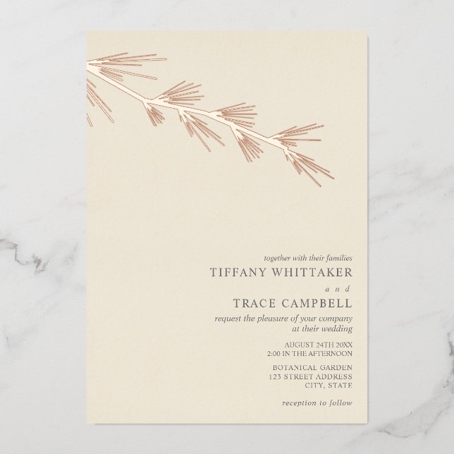Pine Tree Branch Cream Wedding Foil Invitation (Front)