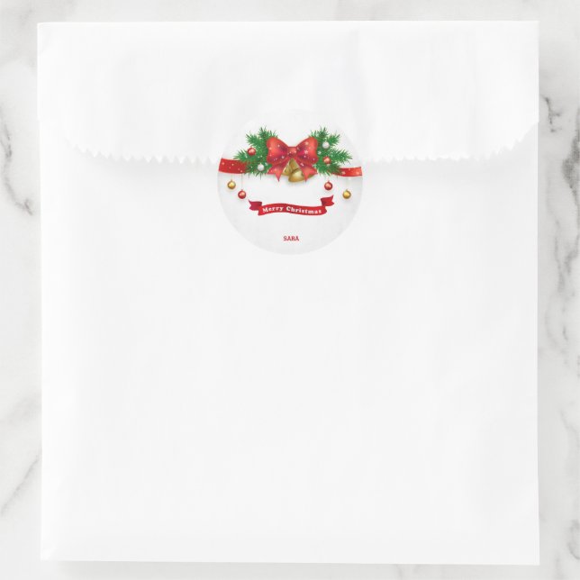 Pine Tree Branch Jingle Bell Bow Holiday Classic Round Sticker (Bag)
