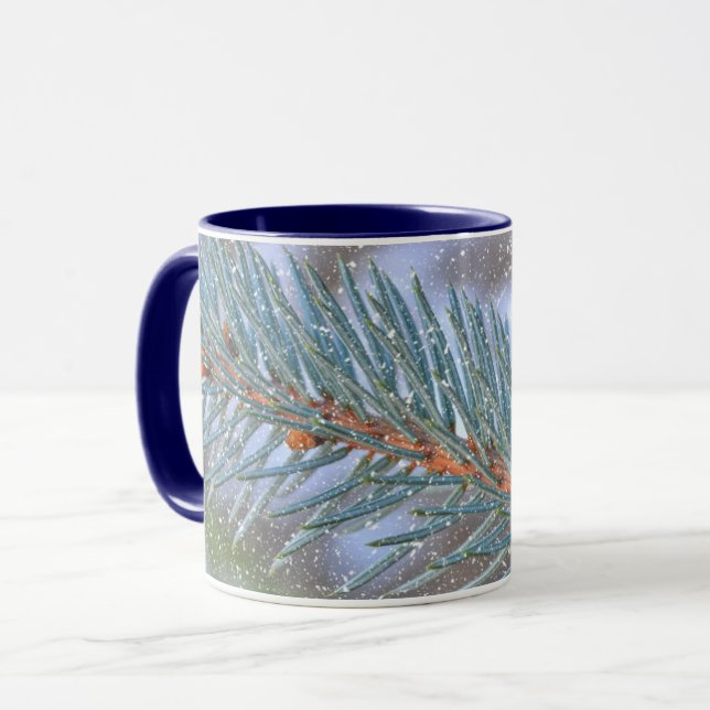 Pine Tree Branch Snow and Winter Art Mug Cup (Front Left)