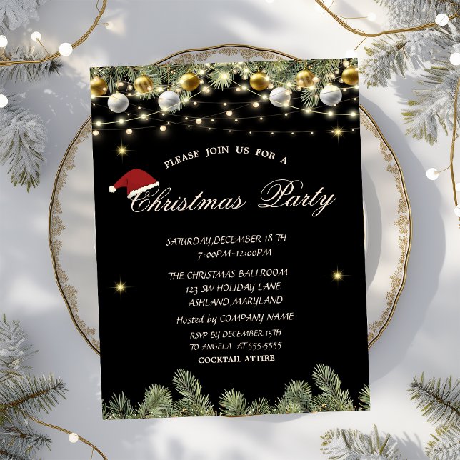 Pine Tree Branches Balls Black Christmas Company Invitation (Creator Uploaded)