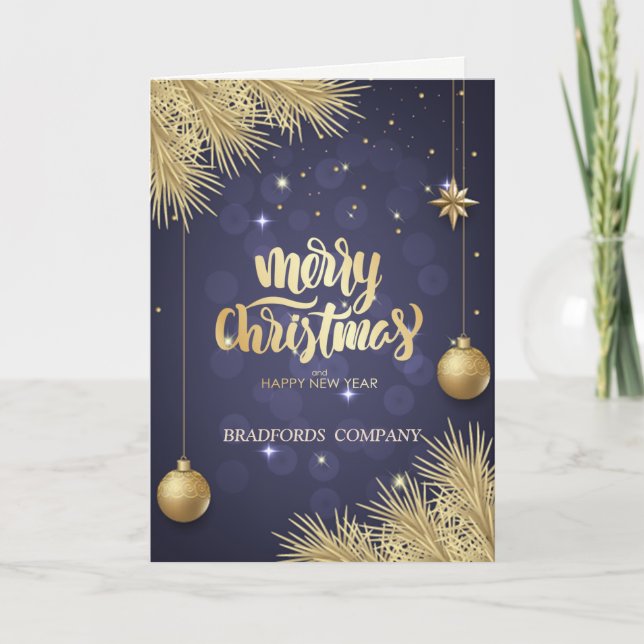 Pine Tree Branches,Balls,Blue Christmas Company Holiday Card (Front)