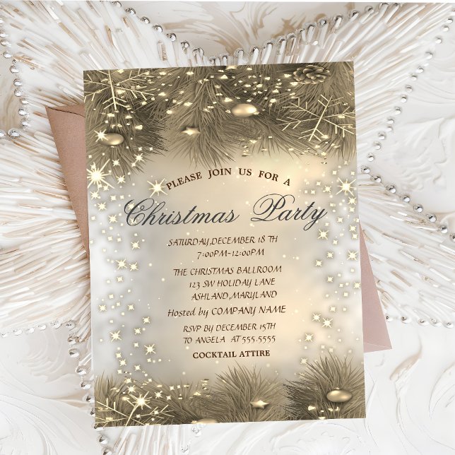 Pine Tree Branches,Balls,Gold Christmas  Invitation (Creator Uploaded)