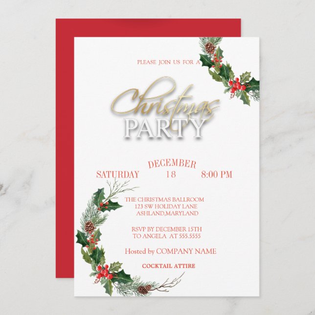 Pine Tree Branches Christmas Company Party Invitation (Front/Back)