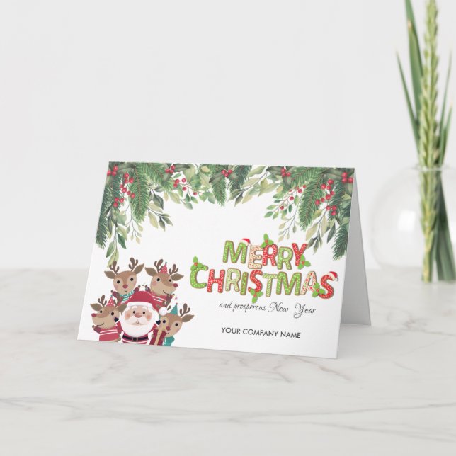 Pine Tree Branches,Deers,Santa Claus Christmas Holiday Card (Front)