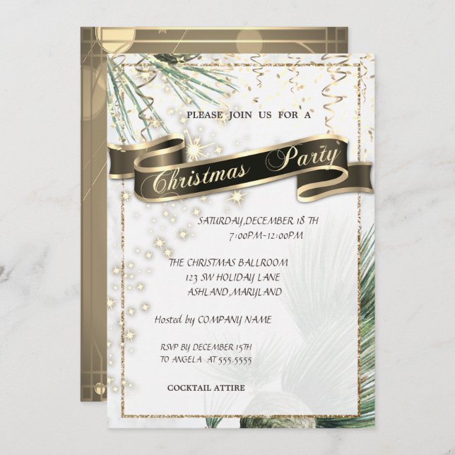 Pine Tree Branches Gold Christmas Company Party  Invitation (Front/Back)