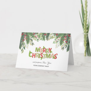 Pine Tree Branches,Holly Berries Company Christmas Holiday Card