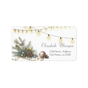 Pine Tree Branches,Pine cones,Balls,String Lights Label