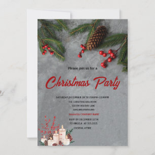 Pine Tree Branches Red Holly Berries Christmas  Invitation