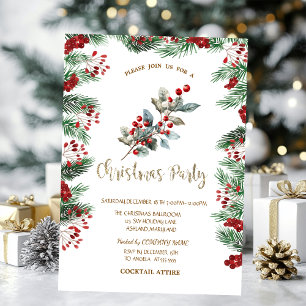 Pine Tree Branches Red Holly Berries Christmas Invitation
