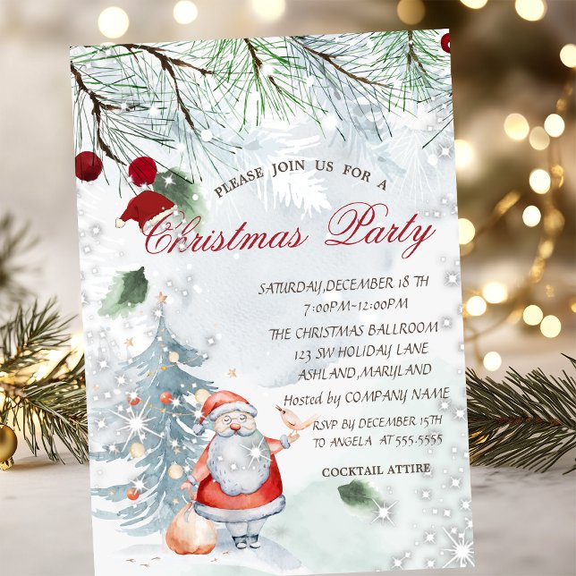 Pine Tree Branches Santa Claus Bird Christmas Invitation (Creator Uploaded)