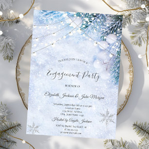 Pine Tree Branches,Snow String Lights Engagement Invitation