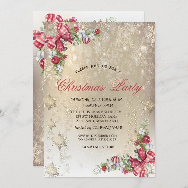 Pine Tree Branches Snowflakes Gold Party  Invitation (Front/Back)